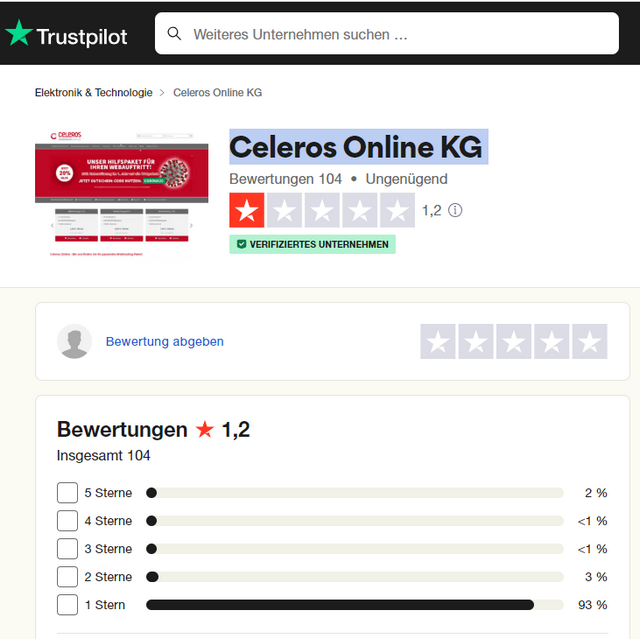 Trustpilot-Bewertung Celeros