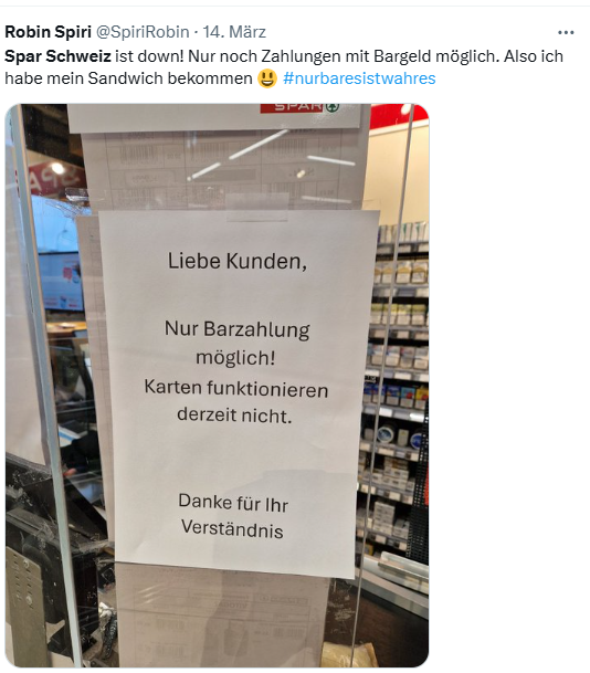 SPAR-Schweiz Probleme mit Kartenzahlungen