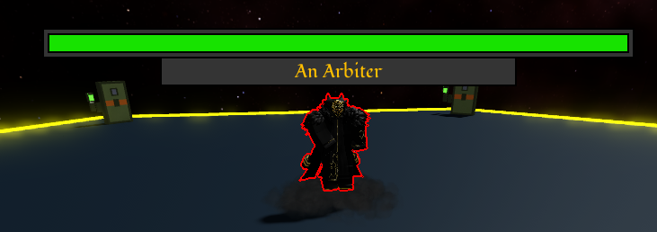 The Arbiter boss, highlighted in red with the UI's healthbar conveniently obscuring the overhead name that roblox humanoids default to having.