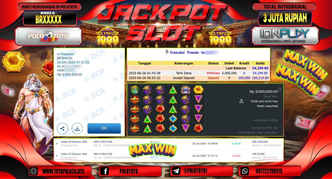 POLOTOTO JACKPOT SLOT GATES OF OLYMPUS 1000 Rp.3.000.000,-