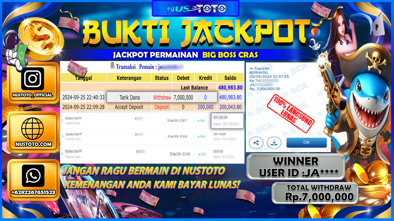 JACKPOT !! MENANG BESAR DI BIGG BOSS CRASS Rp. 7,000,000 LANGSUNG DI BAYAR LUNAS NUSTOTO !!