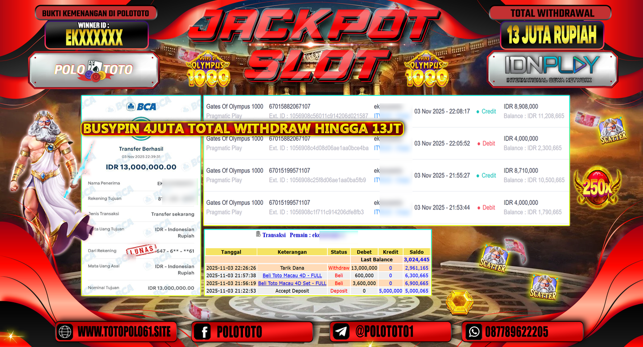 POLOTOTO JACKPOT SLOT GATES OF OLYMPUS 1000 Rp.13.000.000,- LUNAS