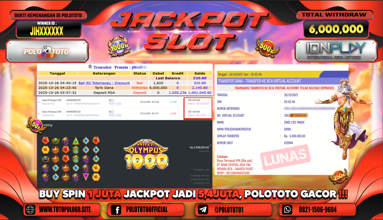 POLOTOTO JACKPOT SLOT GATES OF OLYMPUS 1000 Rp.6.000.000,- LUNAS