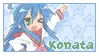 A Blue stamp of Konata from lucky star that has her name pop up letter by letter to spell konata