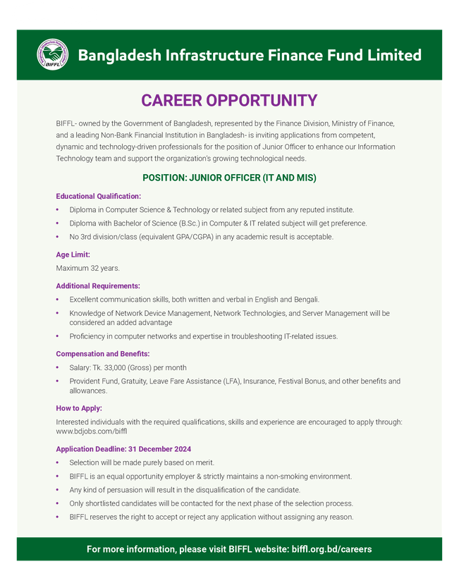 BIFFL Junior Officer (IT and MIS) Job Circular 2024 PDF