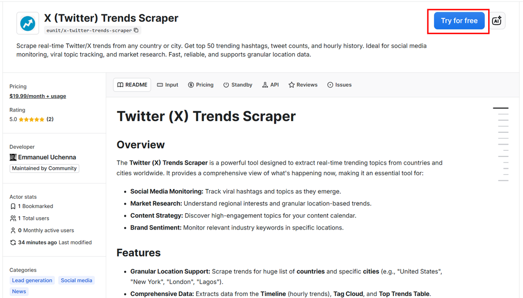 Twitter (X) Trends Scraper page on Apify
