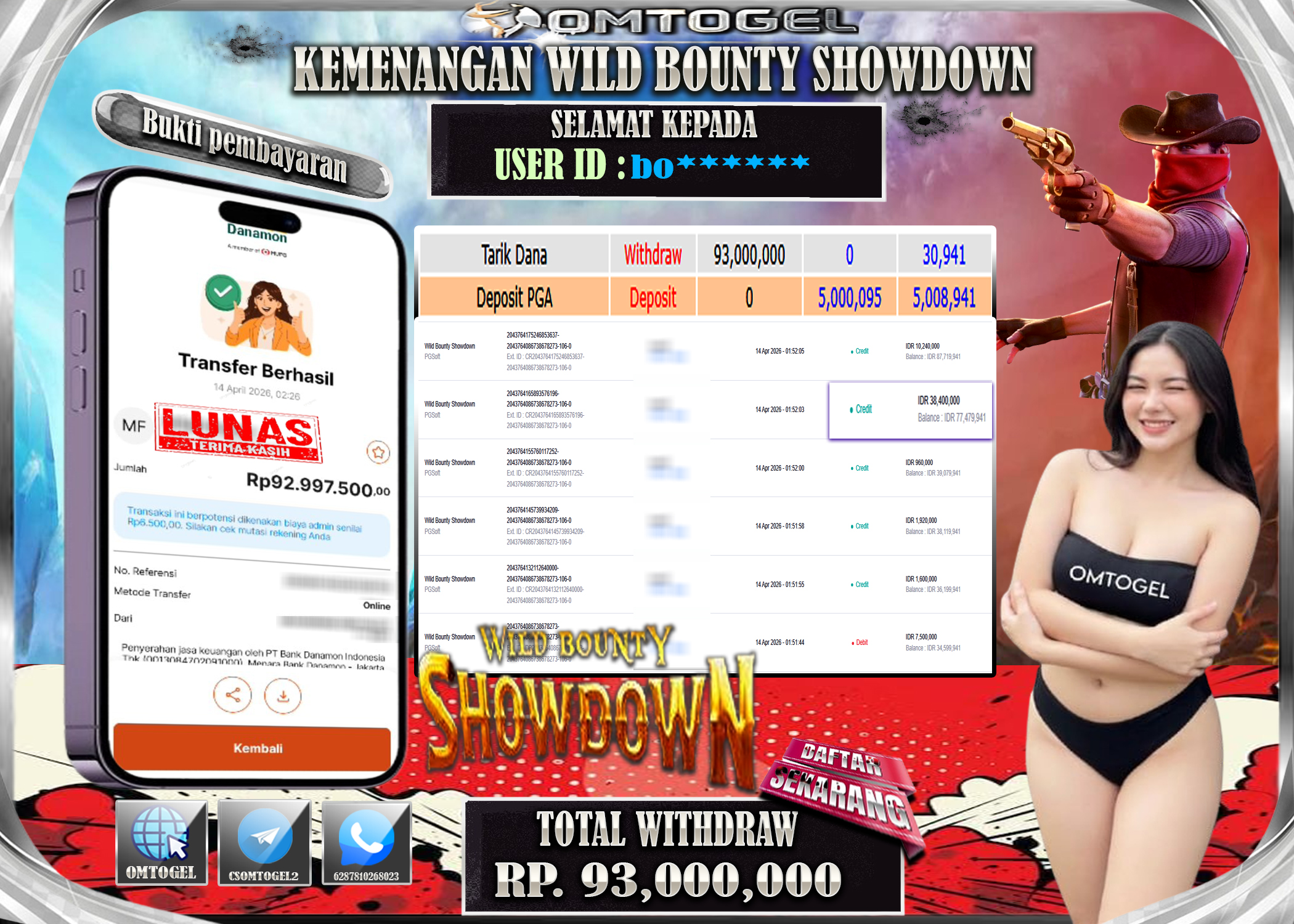 OMTOGEL JACKPOT PG SOFT WILD BOUNTY SHOWDOWN, 93 JUTA DI BAYAR LUNAS ,-