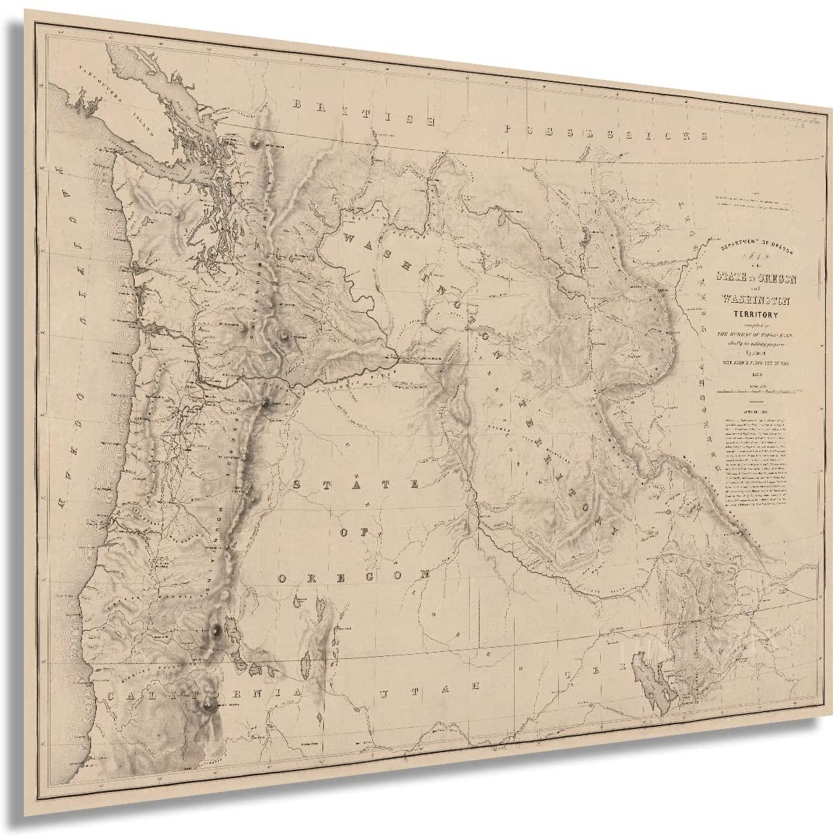 1859 State of Oregon and Washington Territory Map Poster - Vintage USA ...