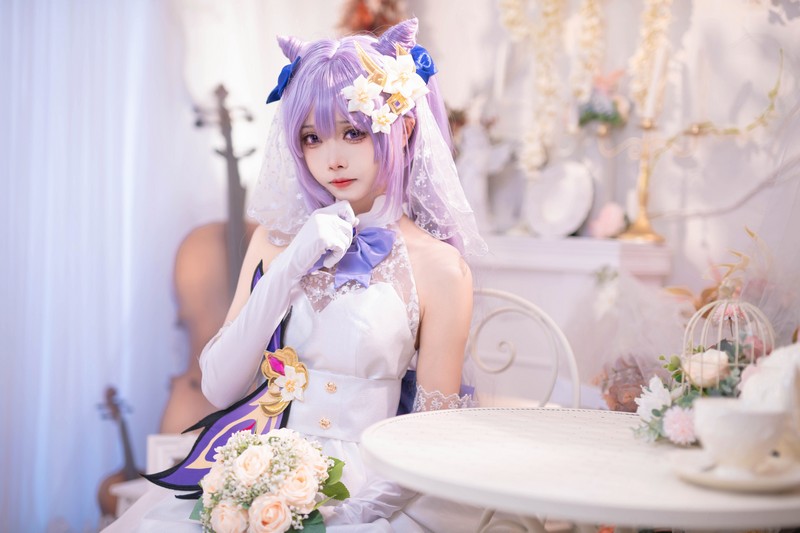 艾西Aiwest 刻晴花嫁Cosplay写真图集 原神刻晴婚纱高清图集 40P (223.2M)插图1