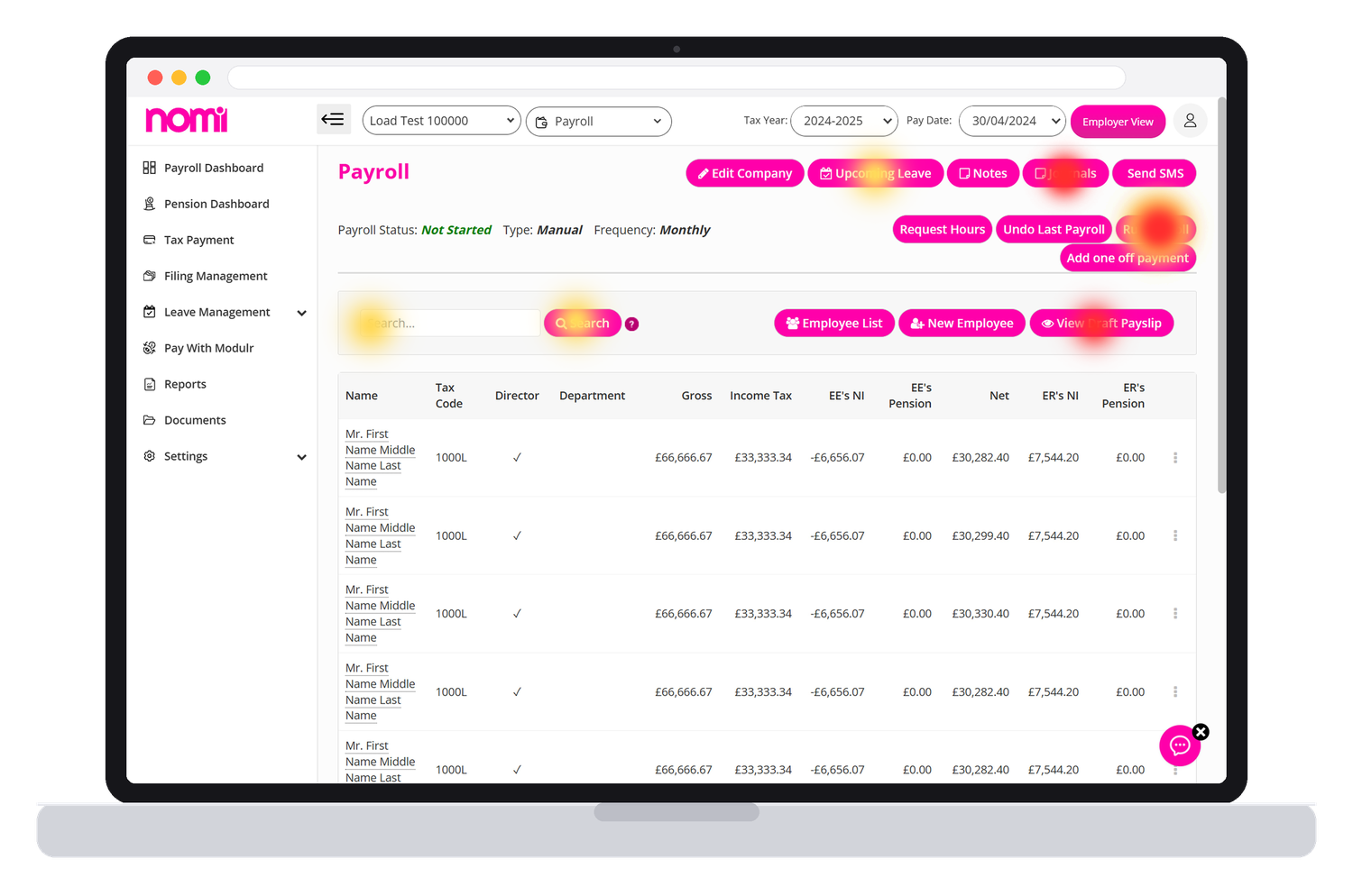 Hotjar heatmap showing attention and click activity on the Nomi payroll screen