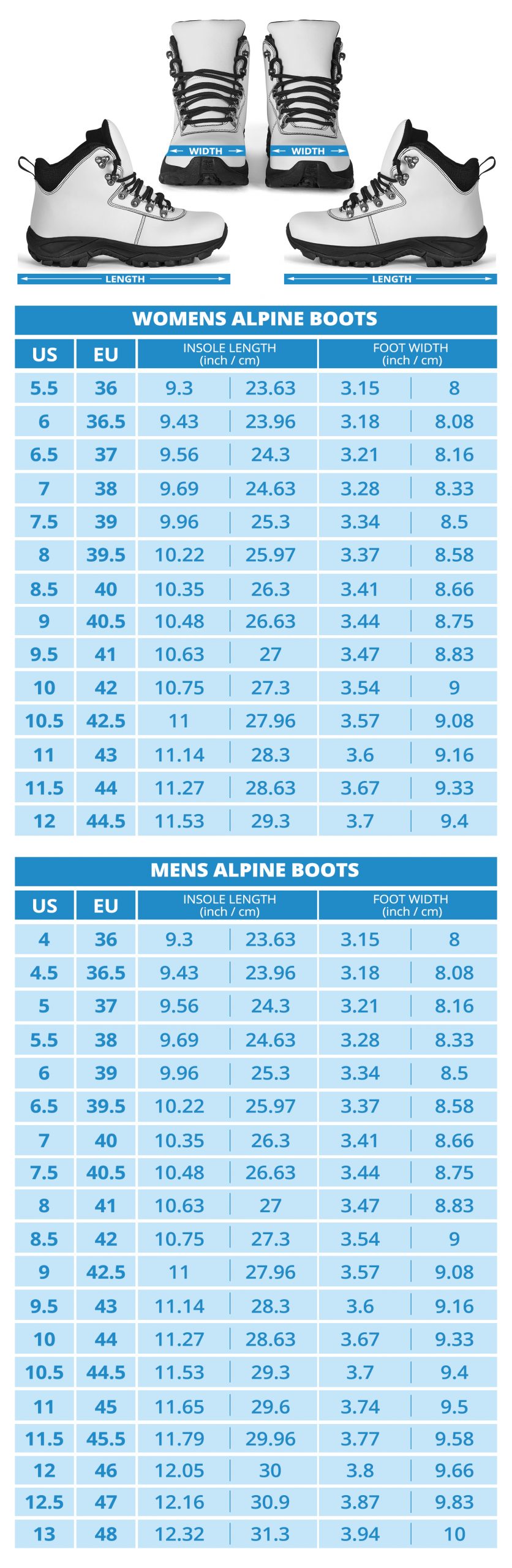 Racing Alpine Boots sinzing chart