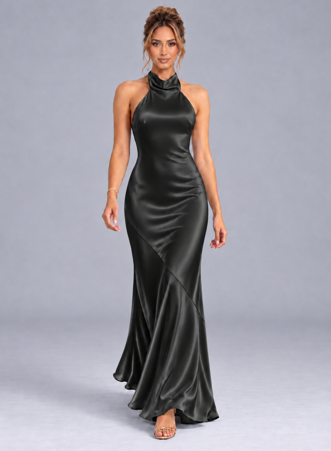 Satin Halter Neck Bridesmaid Dress with Open Back