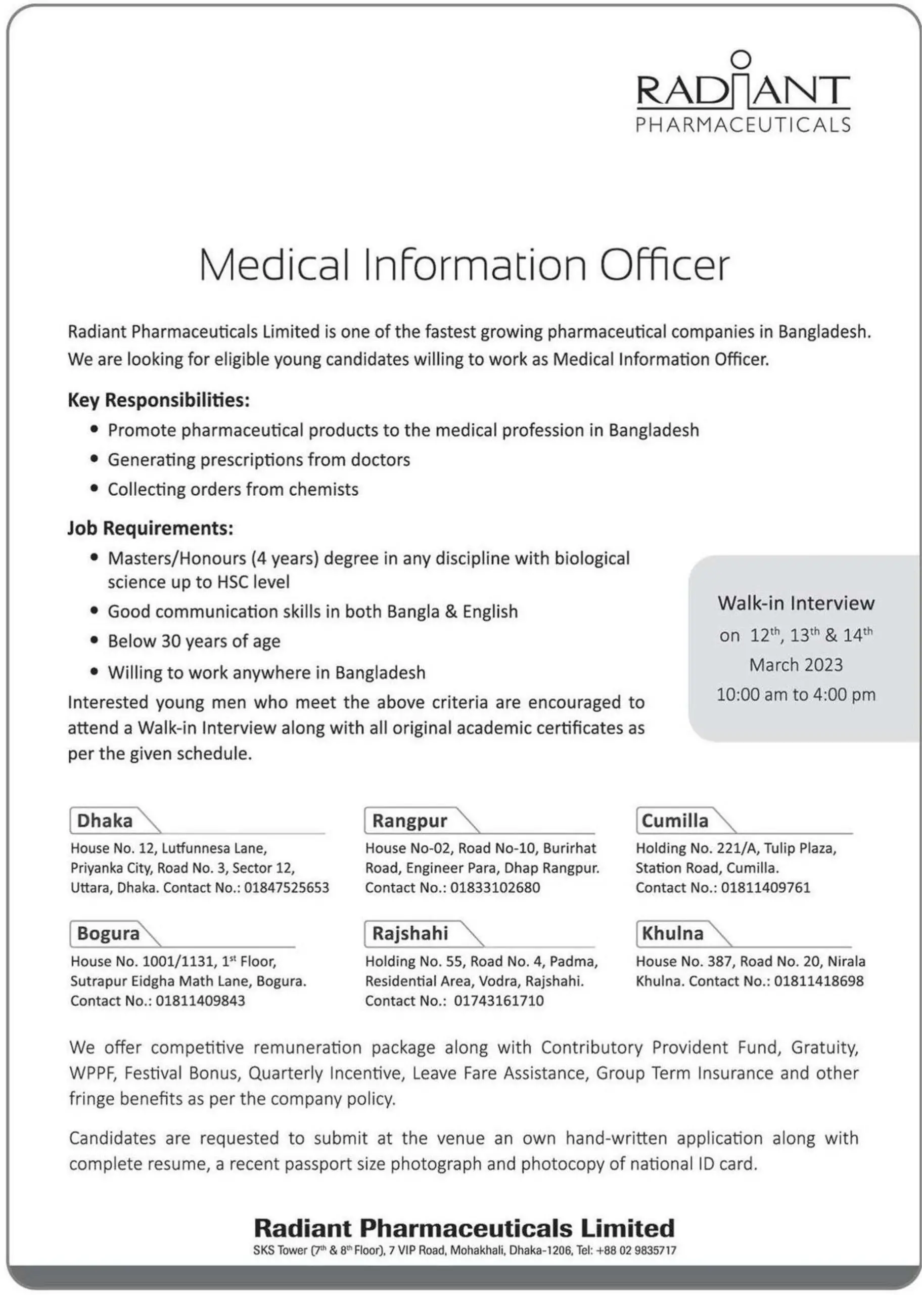 Radiant Pharmaceuticals Job Circular 2023