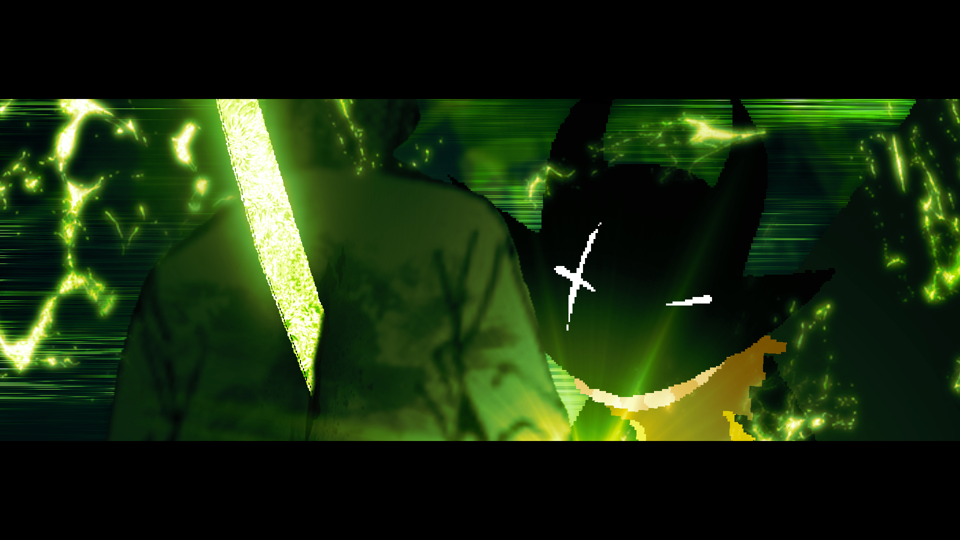 Jack (Bec) Noir stabs Kira (Death Note). The angle shows Kira's back, and Jack's face. Jack's blade, coming out of Kira's back in a particularly violent fashion, is glowing with Green Sun effects. Jack's hand is glowing off screen, causing there to be a green lens flare lighting from below. Bits of green electricity lingers on the sides of the screen.