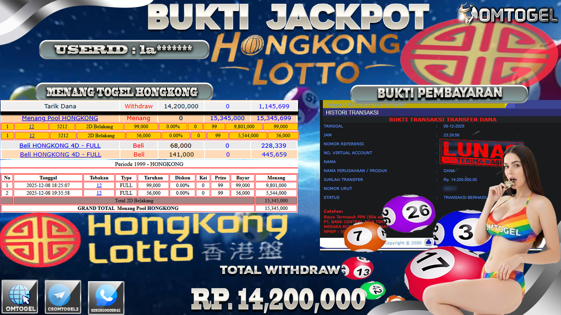 OMTOGEL JACKPOT TOGEL HONGKONG LOTTO WIN 2D  ,14 JUTA DI BAYAR LUNAS ,-