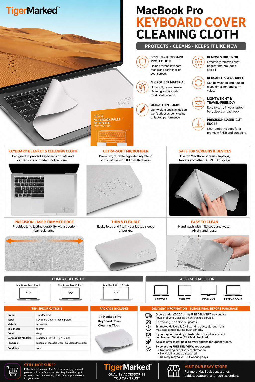 MacBook Pro keyboard cover and cleaning cloth features
