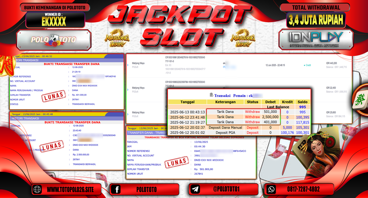 POLOTOTO JACKPOT SLOT MAHJONG WAYS Rp.3.402.000,-