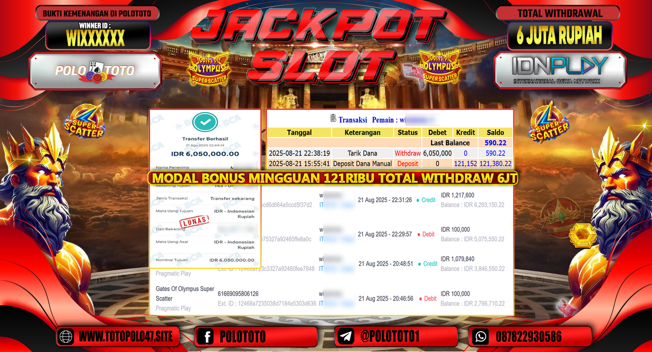 POLOTOTO JACKPOT SLOT GATES OF OLYMPUS SUPER SCATTER Rp.6.050.000,-