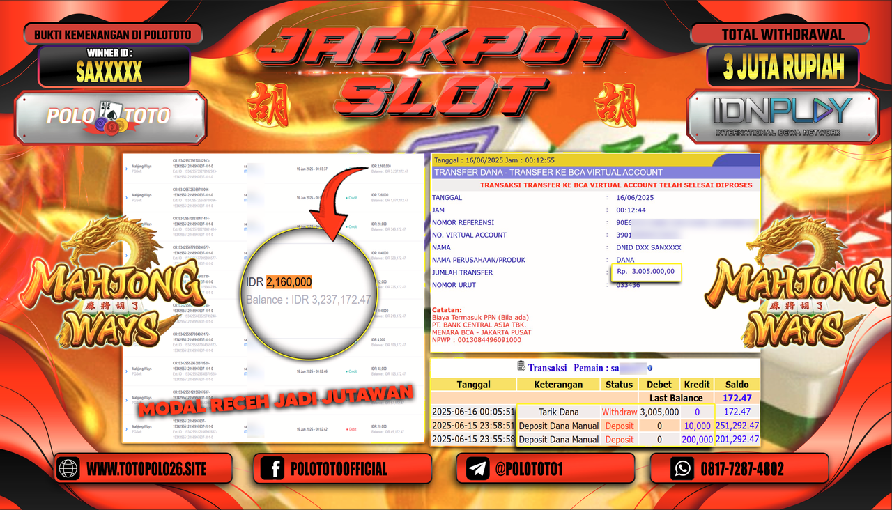 POLOTOTO JACKPOT SLOT MAHJONG WAYS Rp.3.005.000,-