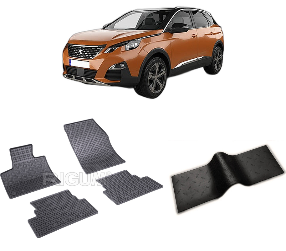 Set covorase auto PEUGEOT 3008 II din 11.2016-11.2023, cu covoras tunel median, CAROSERIE SUV, Presuri cauciuc 100%, compatibil cu autoturismul PEUGEOT 3008 II, Rigum