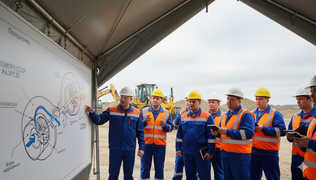 Инженер объясняет операторам работу турбины дизельного двигателя, показ важности правильной эксплуатации для сохранения ресурса турбины