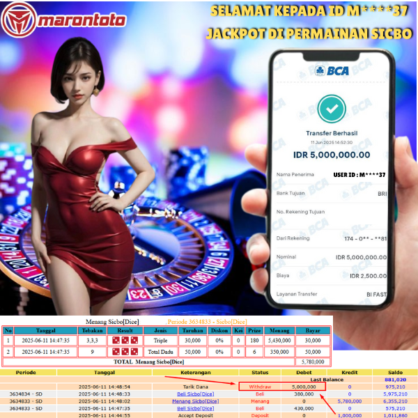 Bukti Kemenangan Member Marontoto Sebesar 5,000,000 JuTa