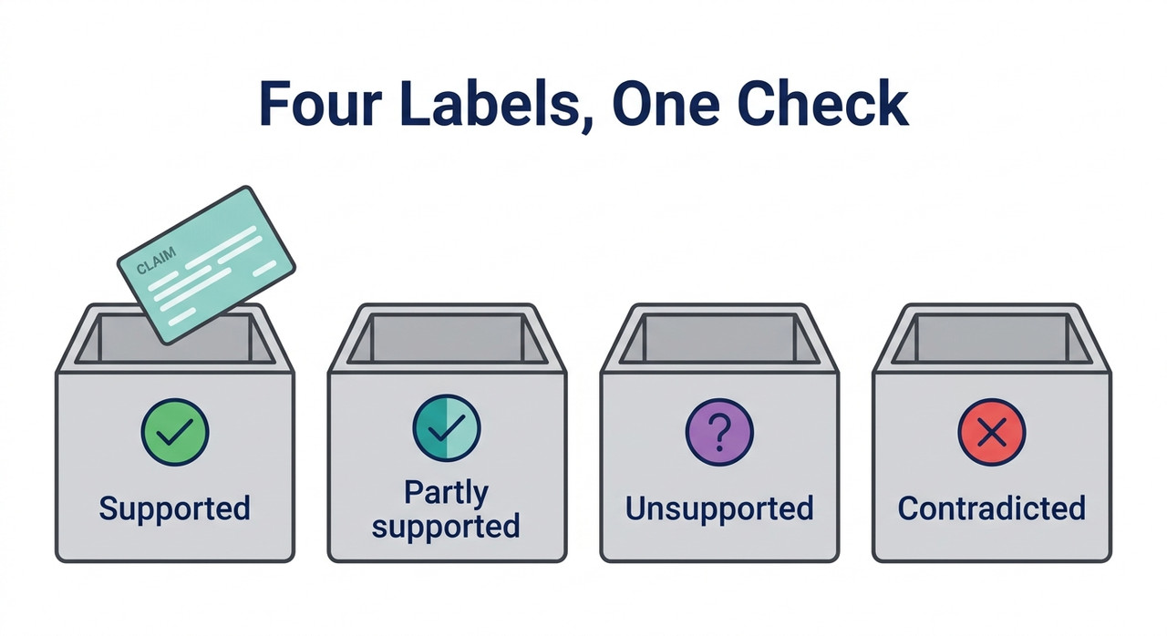 Check Whether Perplexity Citations Support Claims (2026) 3 Four labels for checking Perplexity citations: supported, partly supported, unsupported and contradicted