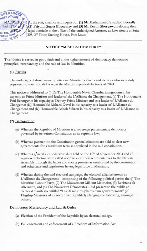 Mauritius democracy fraud legal notice