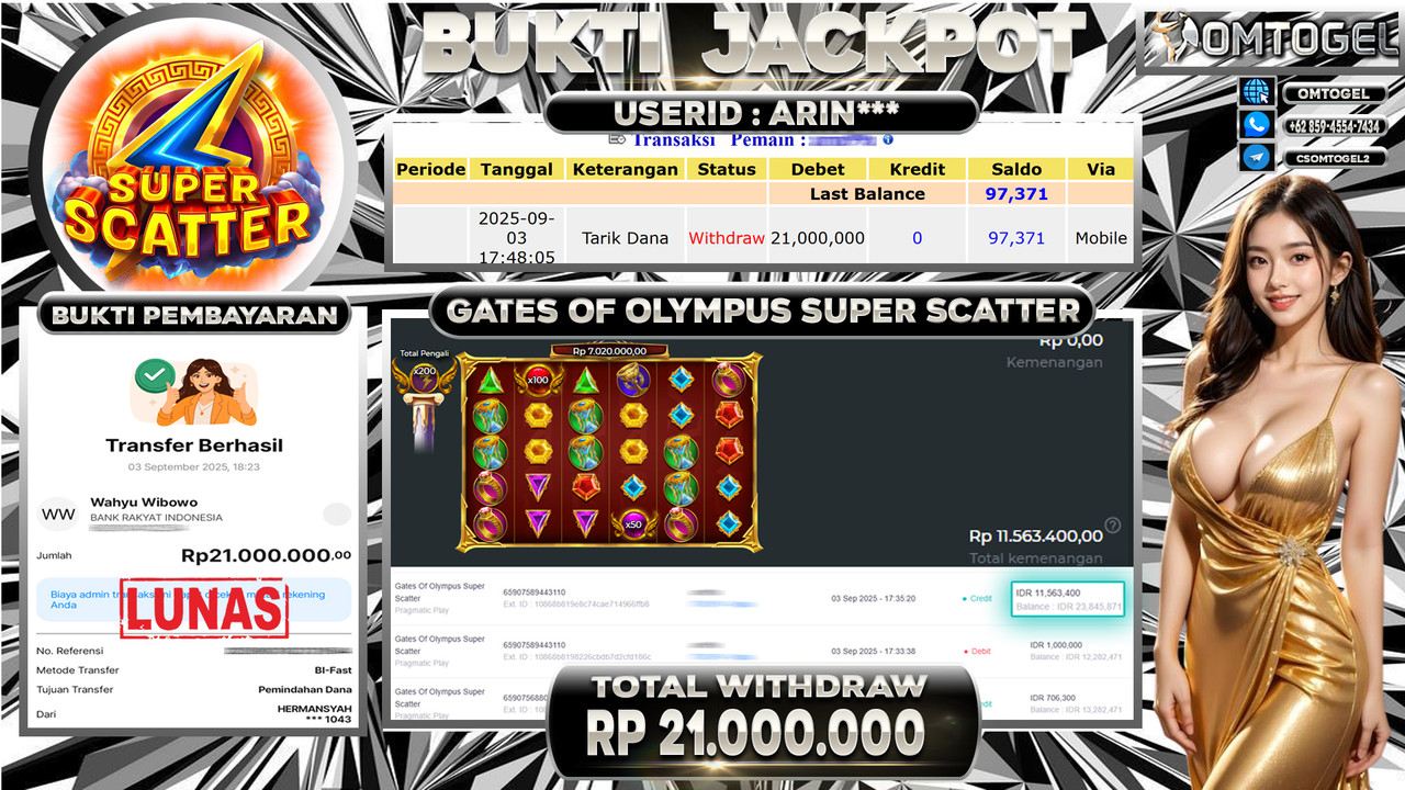 OMTOGEL JACKPOT PRAGMATIC PLAY GATES OF OLYMPUS SUPER SCATTER 21 JUTA DI BAYAR LUNAS ,-