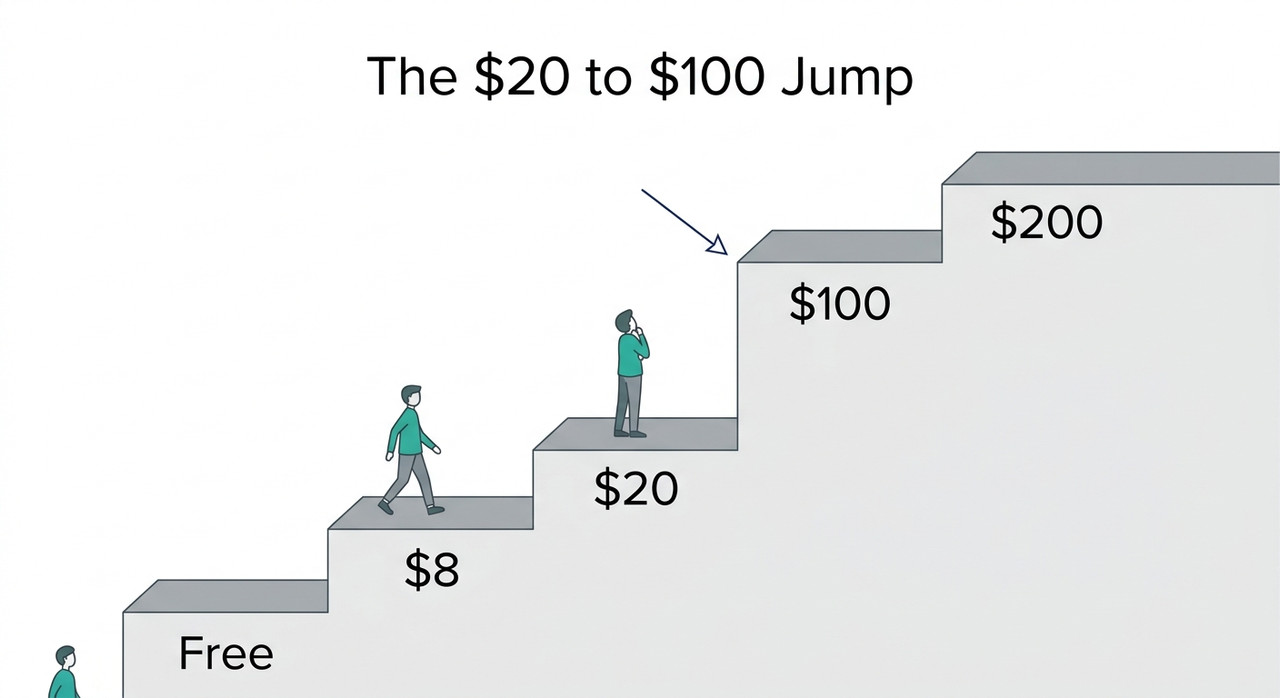 Price staircase for AI subscriptions showing the jump from $20 to $100 a month