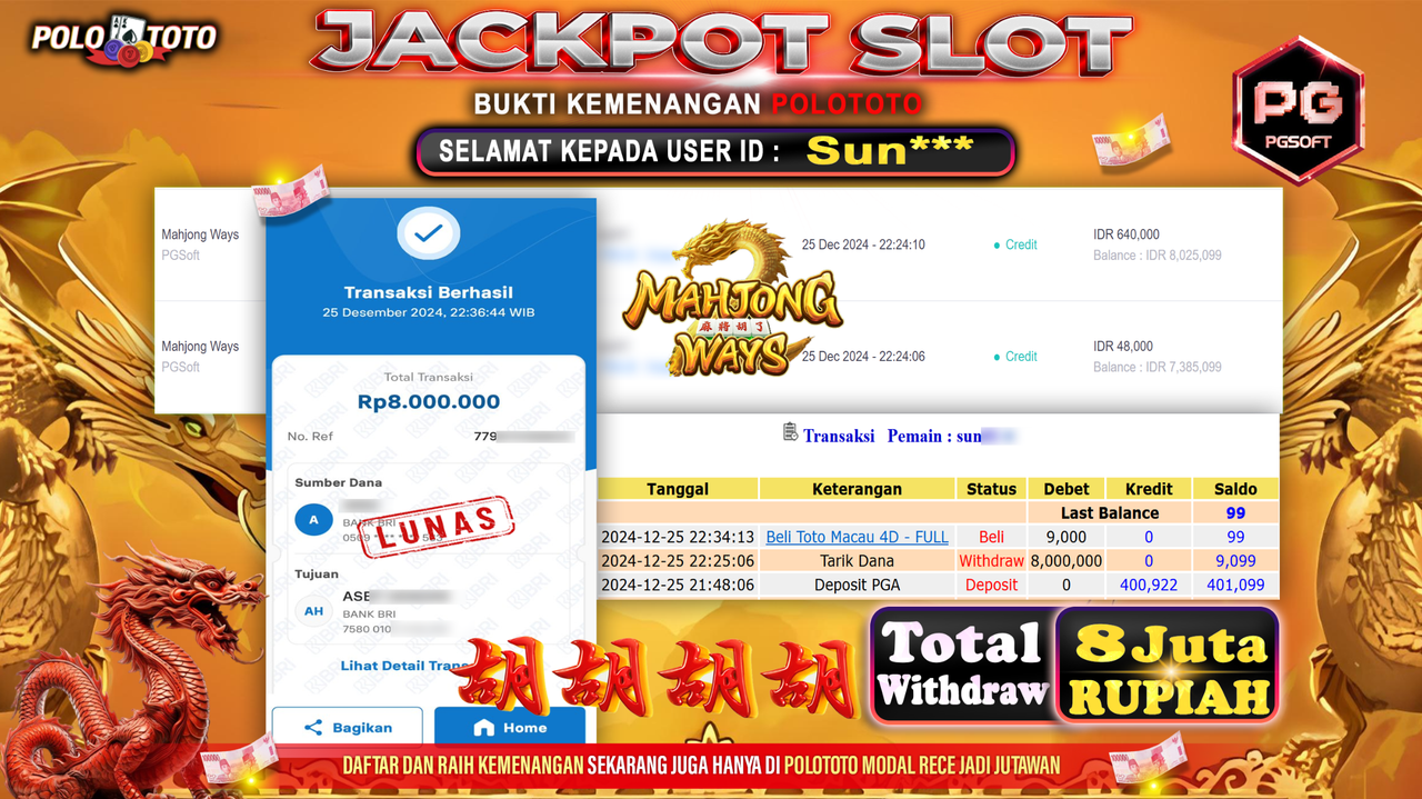 POLOTOTO JACKPOT SLOT MAHJONG WAYS Rp.8,000.000,-