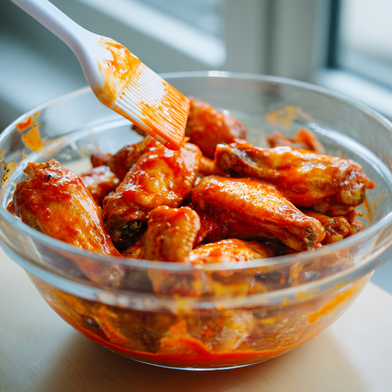 Air fryer buffalo chicken wings tossed in buffalo sauce