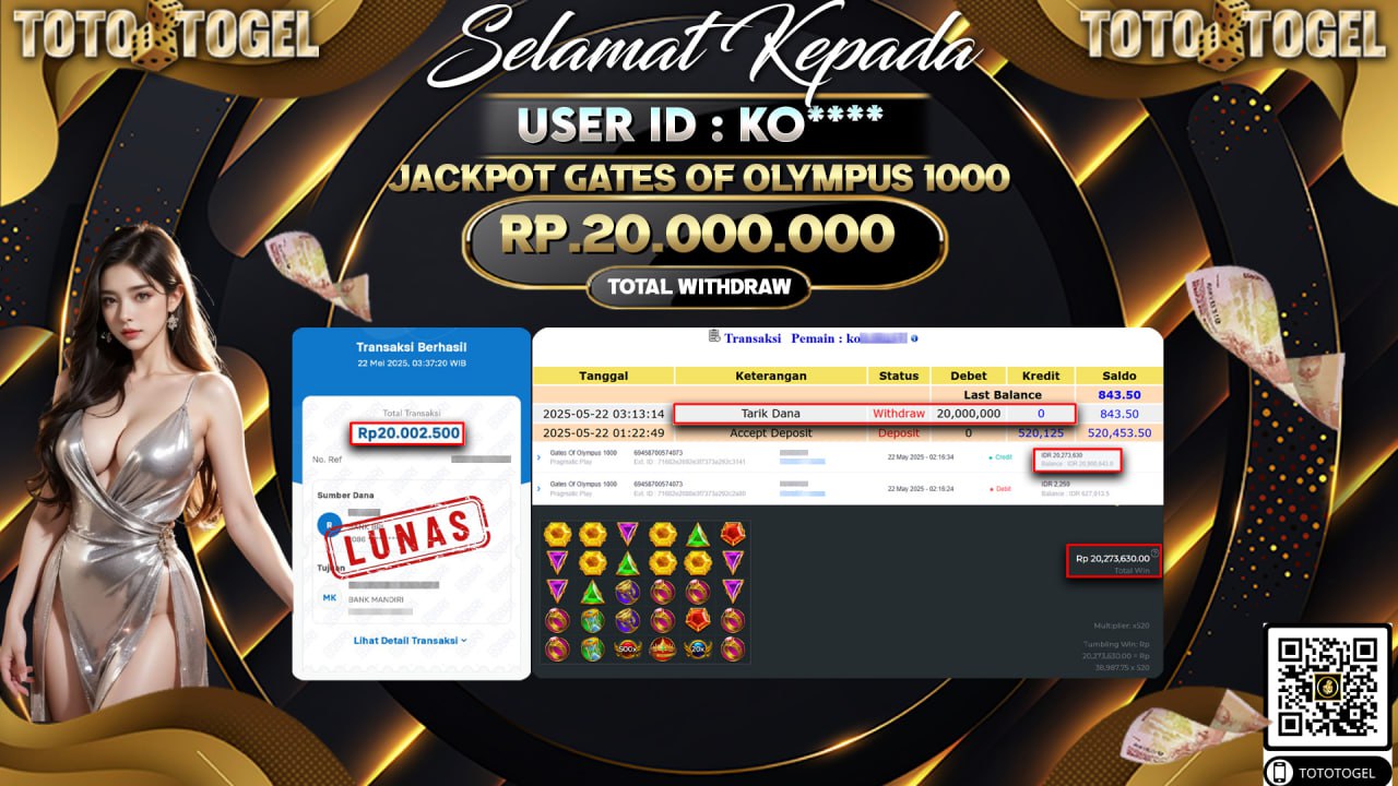 Bukti Pembayaran Jackpot Permainan Slot Gates Of Olympus 1000 ID:KO***** LUNAS