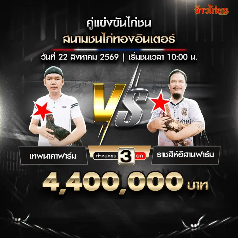 เทพนาคาฟาร์ม พบ ราชสีห์อีสานฟาร์ม สนามไก่ทองอินเตอร์ 22 สิงหาคม 2569