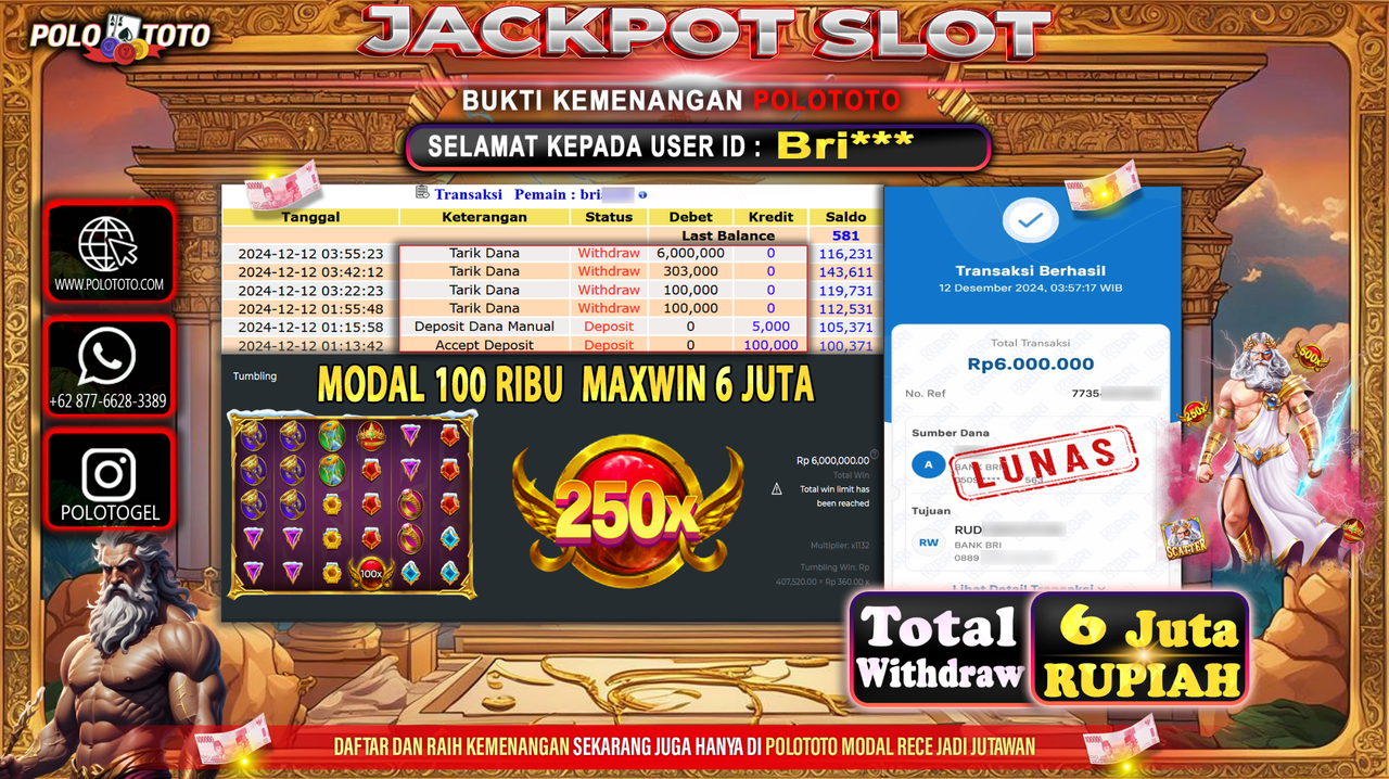 POLOTOTO JACKPOT SLOT GATES OF OLYMPUS Rp.6,000.000,-