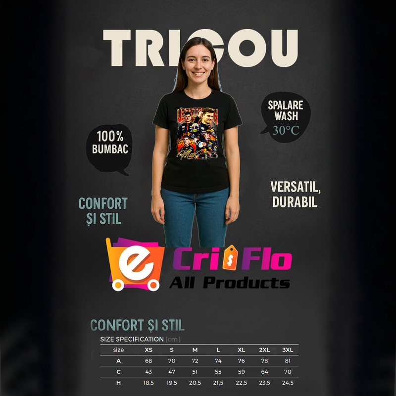 Tricou Max Verstappen Colaj Echipa Red Bull Formula 1, Dama, 100% Bumbac, Cri-Flo, Culoare Negru, Marime XS