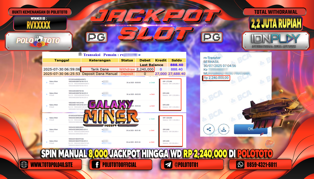 POLOTOTO JACKPOT SLOT GALAXY MINER Rp.2.200.000,- LUNAS