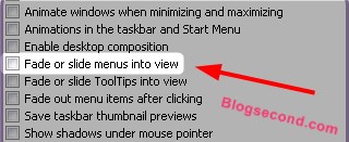 Menonaktifkan Fade or slide menus into view pada Visual Effect Windows