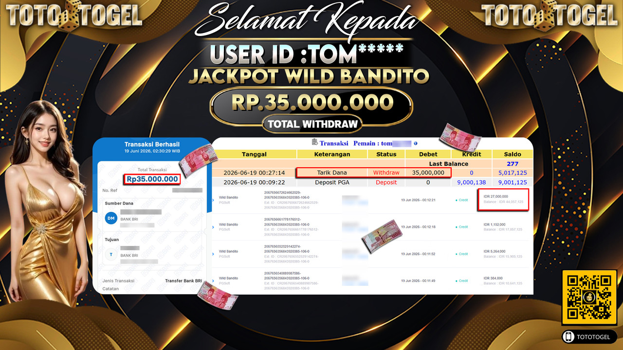 Bukti Pembayaran Jackpot Permainan Slot Wild Bandito ID:TOM*****LUNAS