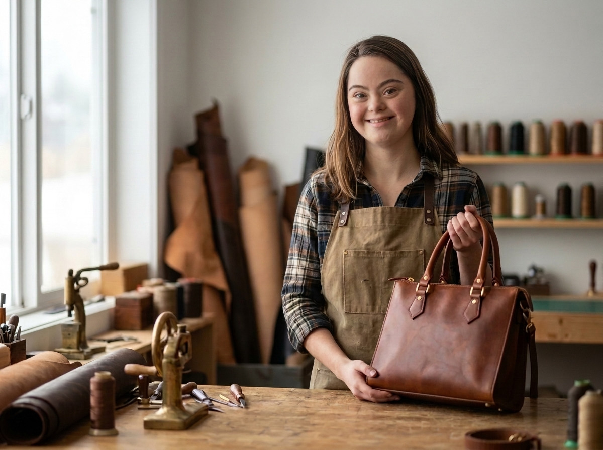 Romy, artisane passionnée, porteuse de trisomie 21, souriante dans son atelier