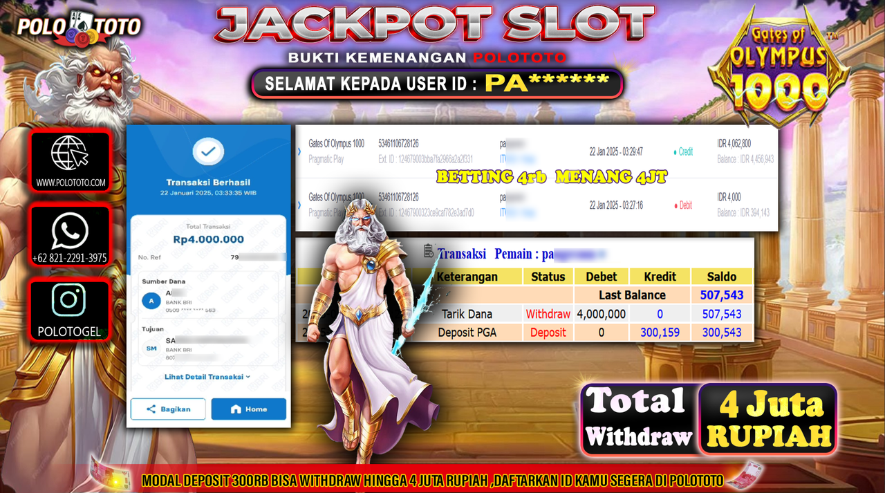 POLOTOTO JACKPOT SLOT GATES OF OLYMPUS 1000 Rp.4,000.000,-