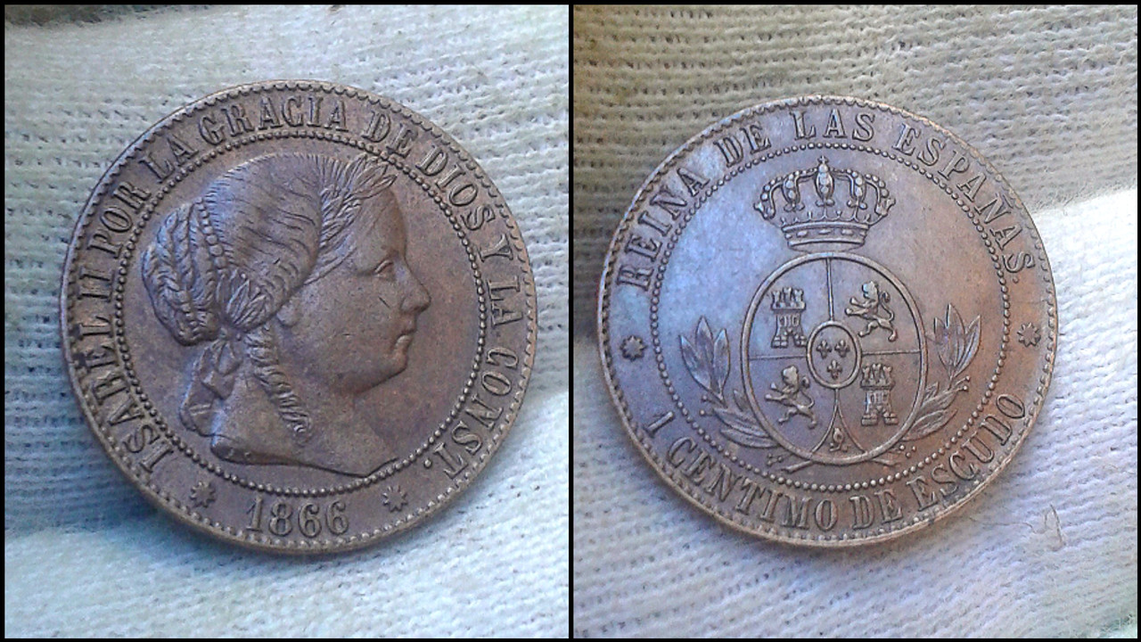 1 Céntimo de Escudo de 1866. Sin OM. Barcelona. Isabel II Polish-20221018-001728347
