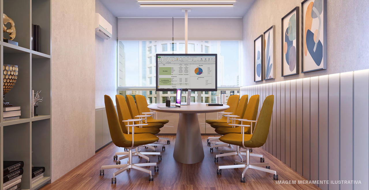 Sala de reuniões do coworking do Icon Design Living com infraestrutura profissional