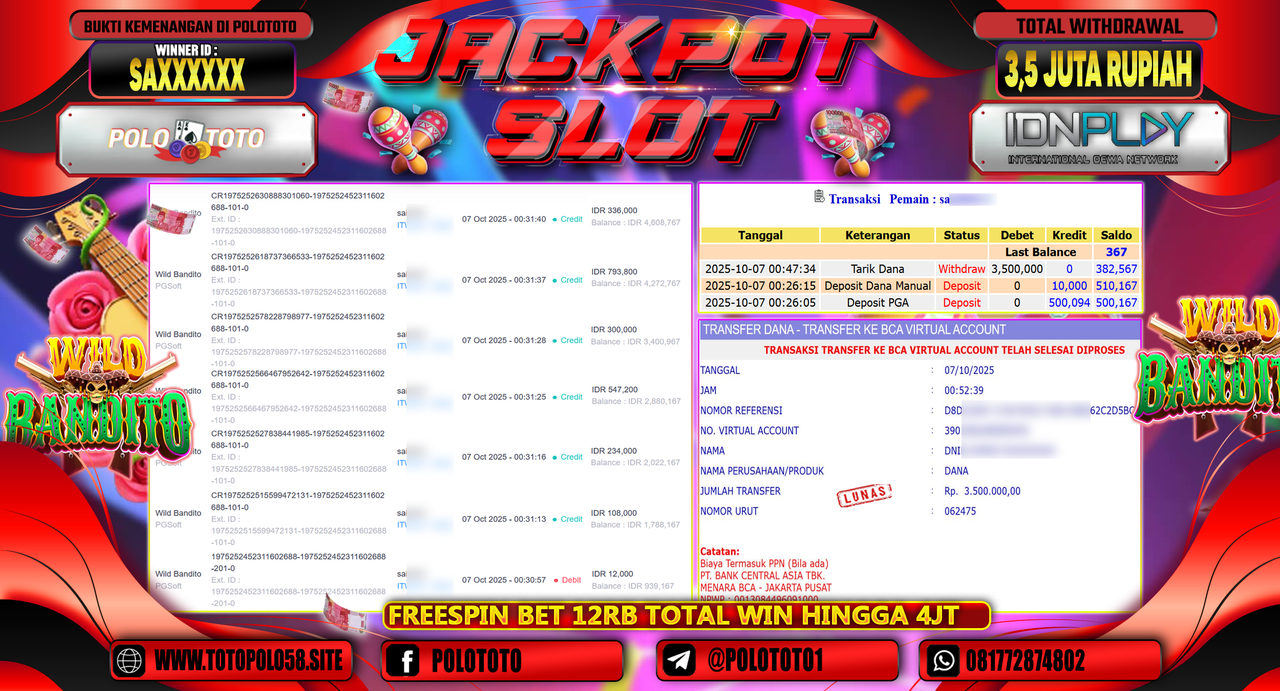 POLOTOTO JACKPOT SLOT WILD BANDITO Rp.3.500.000,- LUNAS