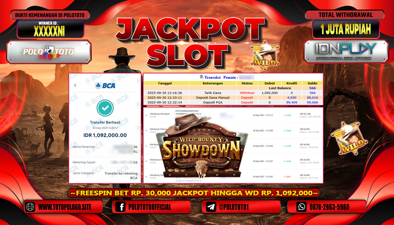 POLOTOTO JACKPOT SLOT WILD BOUNTY SHOWDOWN Rp.1.000.000,- LUNAS