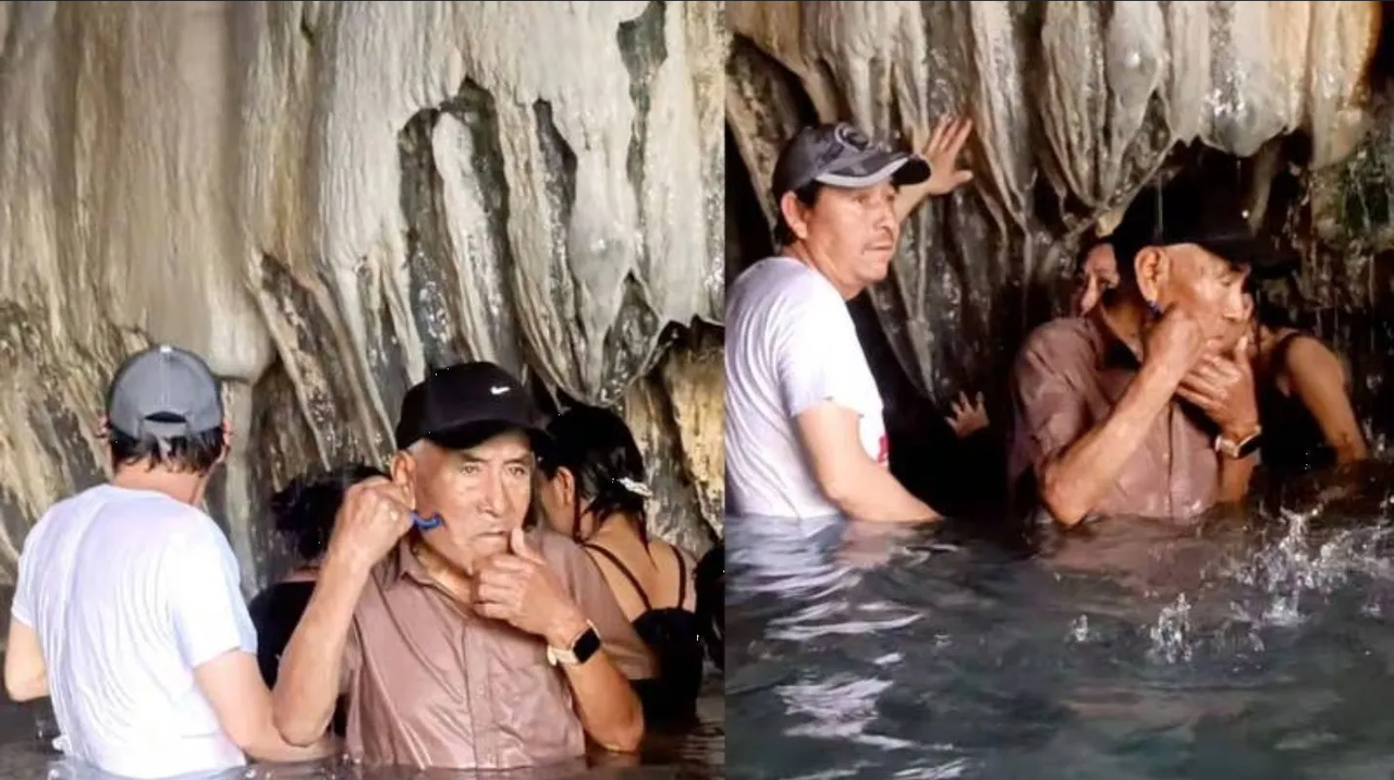 ¡Insólito! Captan a hombre rasurándose en las Grutas de Tolantongo