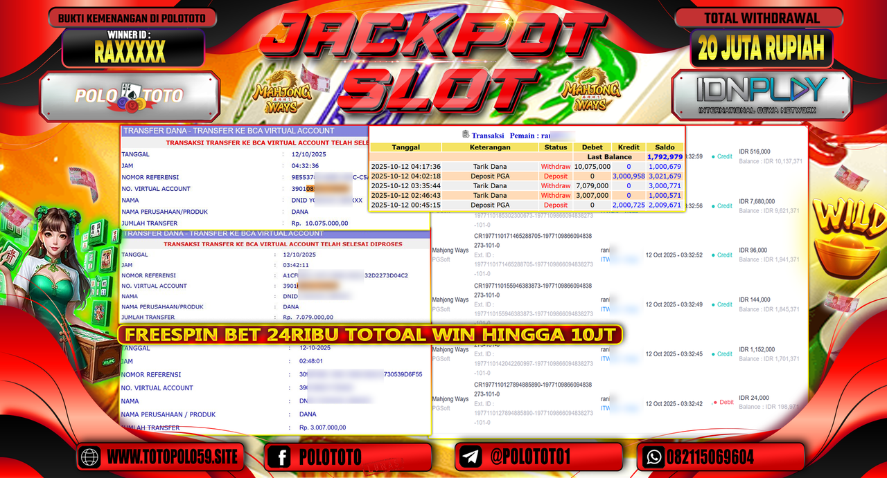 POLOTOTO JACKPOT SLOT MAHJONG WAYS Rp.20.000.000,- LUNAS