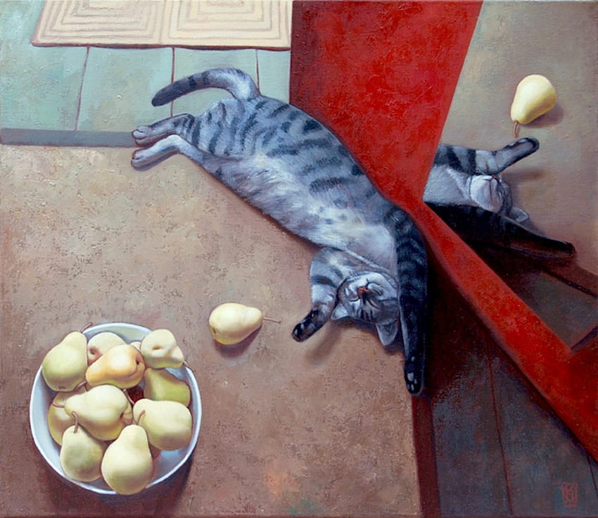 desktop-wallpaper-by-marta-kiss-dream-with-pears-2011-kitten-pear-painting-art-marta-kiss-fruit-cat
