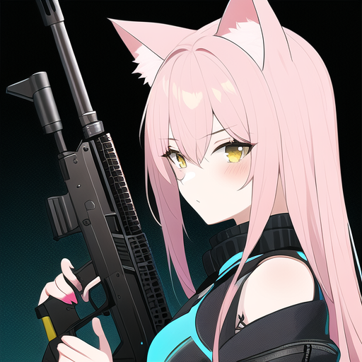 light pink hair, cyberpunk, cat ears, teenage, 1 girl, assault rifle, odd eye, y s-1115909159