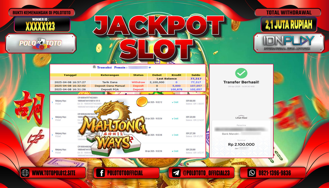 POLOTOTO JACKPOT SLOT MAHJONG WAYS Rp.2.100.000,-